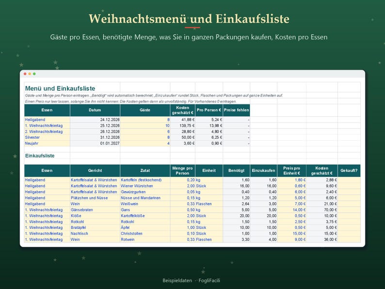 Menu świąteczne w programie Excel w języku niemieckim: liczba gości na posiłek, obliczona lista zakupów i koszt każdego posiłku od Wigilii do Sylwestra. zdjęcie 2