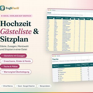 Wedding Guest List Excel in German (Gästeliste) with Seating Chart: RSVP, Meal Choices, Adults and Children, Tables and Free Seats image 1