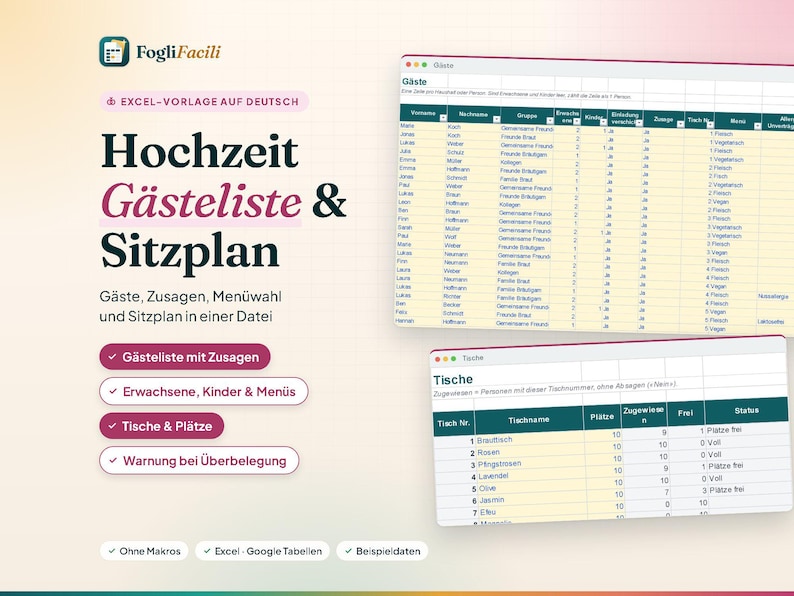 Wedding Guest List Excel in German (Gästeliste) with Seating Chart: RSVP, Meal Choices, Adults and Children, Tables and Free Seats image 1