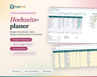 Hochzeitsplaner Excel in German, Wedding Planner Spreadsheet with Budget, Guest List, Seating and Checklist