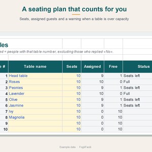 Wedding Guest List Spreadsheet Excel & Google Sheets with Seating Chart, RSVP Tracker, Meal Choices and Table Plan, Guest List Template image 3