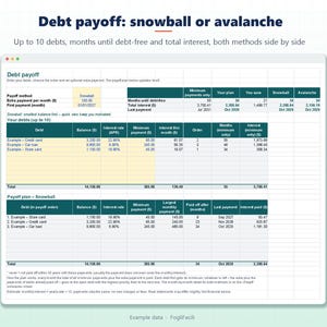 May include: A digital spreadsheet titled Debt payoff: snowball or avalanche, displaying financial data for up to 10 debts. The interface includes tables for debt balances, interest rates, minimum payments, and a comparison of snowball and avalanche methods.