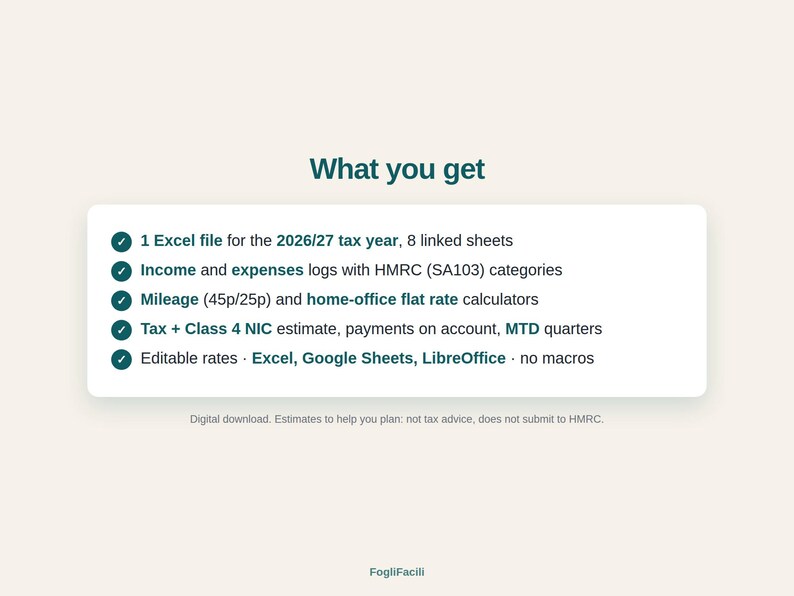May include: A digital product information graphic titled What you get, listing features for a 2026/27 tax year Excel file. It includes income and expense logs, mileage and home-office calculators, tax estimates, and compatibility with Excel, Google Sheets, and LibreOffice.