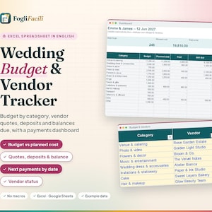 Puede incluir: Una plantilla de hoja de c&aacute;lculo de Excel para el seguimiento del presupuesto de bodas y proveedores. La interfaz muestra un panel con categor&iacute;as financieras, costes previstos, pagos realizados y saldos pendientes.
