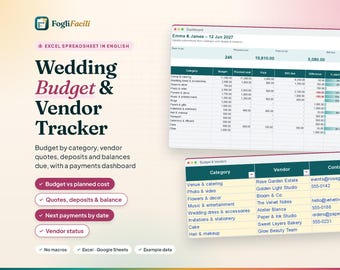 Wedding Budget Spreadsheet Excel & Google Sheets with Vendor Tracker: Budget vs Planned Cost by Category, Quotes, Deposits and Balance Due