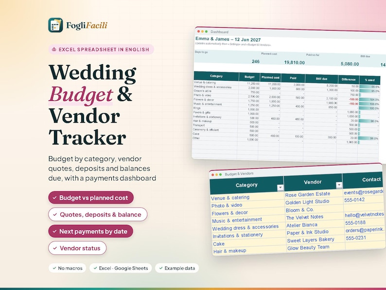 Puede incluir: Una plantilla de hoja de c&aacute;lculo de Excel para el seguimiento del presupuesto de bodas y proveedores. La interfaz muestra un panel con categor&iacute;as financieras, costes previstos, pagos realizados y saldos pendientes.