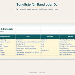 Programa del día de la boda en Excel en alemán: cronograma hora por hora, lista de regalos y agradecimientos, lista de reproducción musical. imagen 4