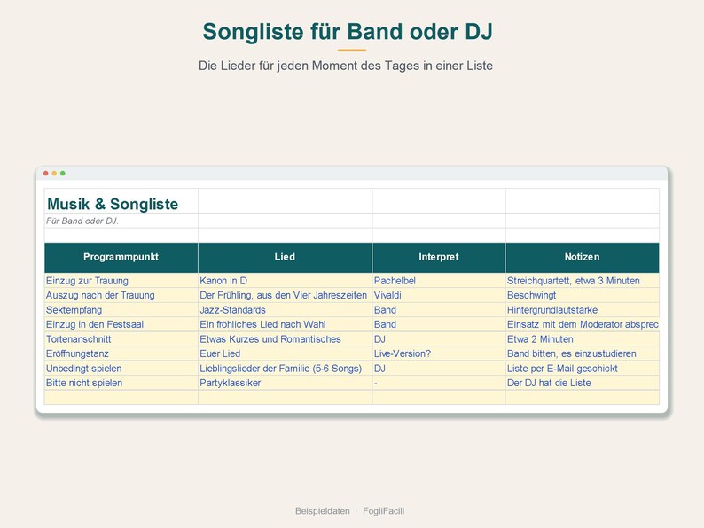 Programa del día de la boda en Excel en alemán: cronograma hora por hora, lista de regalos y agradecimientos, lista de reproducción musical. imagen 4