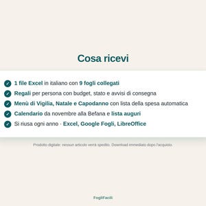 Puede incluir: Una tarjeta de informaci&oacute;n de producto digital titulada Cosa ricevi, que presenta una lista de caracter&iacute;sticas que incluyen un archivo de Excel con 9 hojas vinculadas, seguimiento de regalos, men&uacute;s festivos con listas de compras, un calendario y compatibilidad con Excel, Google Sheets y LibreOffice.
