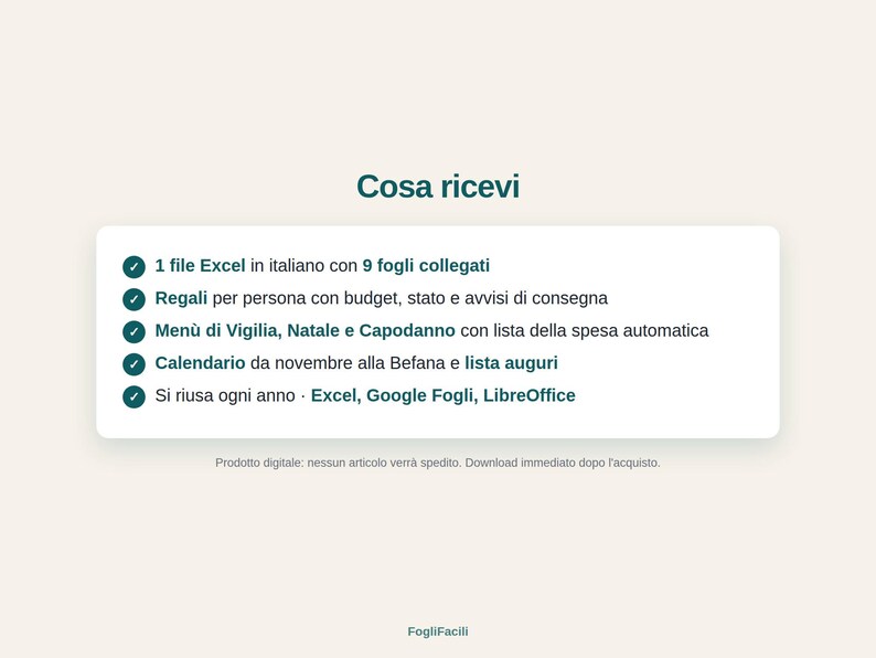 Puede incluir: Una tarjeta de informaci&oacute;n de producto digital titulada Cosa ricevi, que presenta una lista de caracter&iacute;sticas que incluyen un archivo de Excel con 9 hojas vinculadas, seguimiento de regalos, men&uacute;s festivos con listas de compras, un calendario y compatibilidad con Excel, Google Sheets y LibreOffice.