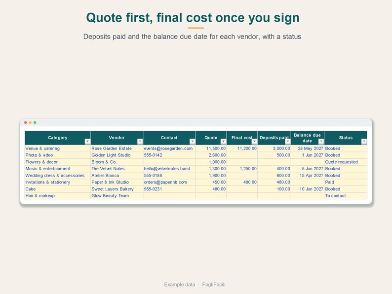 Puede incluir: Una hoja de c&aacute;lculo digital titulada Quote first, final cost once you sign, con columnas para Category, Vendor, Contact, Quote, Final cost, Deposits paid, Balance due date y Status para rastrear gastos y pagos de proveedores.