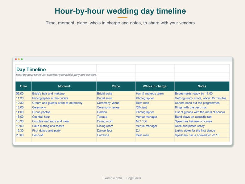 Trouwprogramma in Excel: uurlijkse planning, lijst met cadeaus en bedankjes, muziekplaylist afbeelding 2