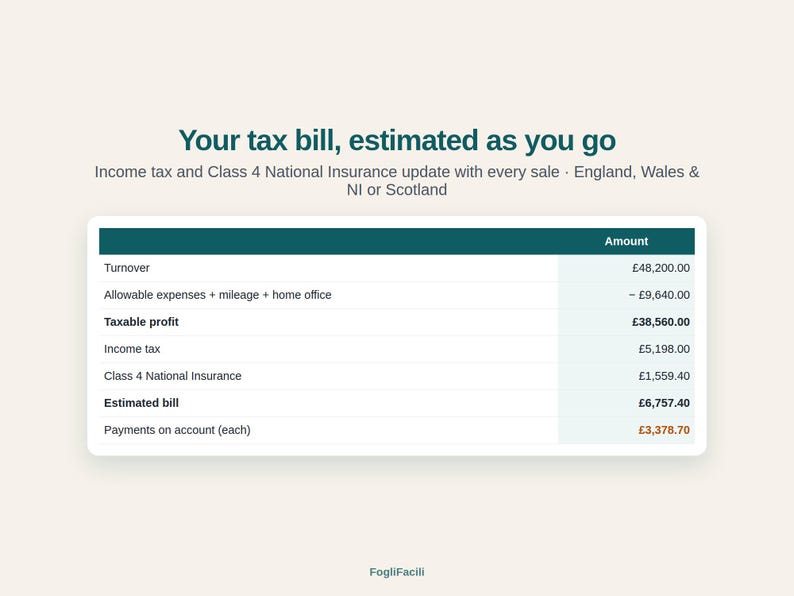 May include: A digital tax estimation table titled Your tax bill, estimated as you go. It lists financial categories including Turnover, Allowable expenses, Taxable profit, Income tax, Class 4 National Insurance, and Estimated bill in British pounds.
