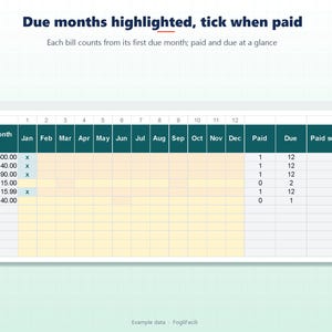 Rastreador de facturas para Excel: fechas de vencimiento, frecuencia mensual o anual y lista de verificación de 12 meses. imagen 3