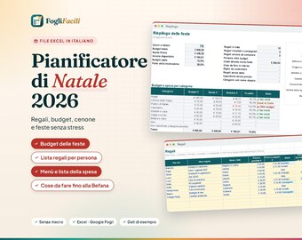 Christmas Planner Spreadsheet in ITALIAN | Gift Budget, Gift List, Christmas Dinner Menu, Shopping List, Holiday Calendar | Excel