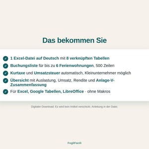 May include: A digital spreadsheet product listing titled Das bekommen Sie, featuring a list of features including one German Excel file with eight linked tables, a booking list for six vacation rentals, tax calculations, and compatibility.