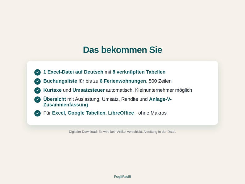 May include: A digital spreadsheet product listing titled Das bekommen Sie, featuring a list of features including one German Excel file with eight linked tables, a booking list for six vacation rentals, tax calculations, and compatibility.