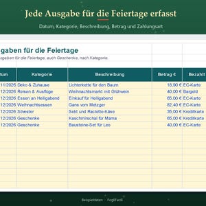 Christmas Budget Excel in German (Weihnachtsbudget): Holiday Spending by Category with Spent, Remaining and Over Budget Alert image 4