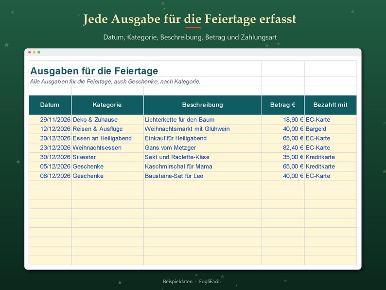 Christmas Budget Excel in German (Weihnachtsbudget): Holiday Spending by Category with Spent, Remaining and Over Budget Alert image 4