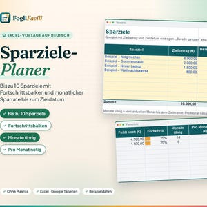 Savings Goals Tracker Excel in German (Sparziele): Progress Bars and Monthly Savings Plan, Up to 10 Goals, German Spreadsheet image 1