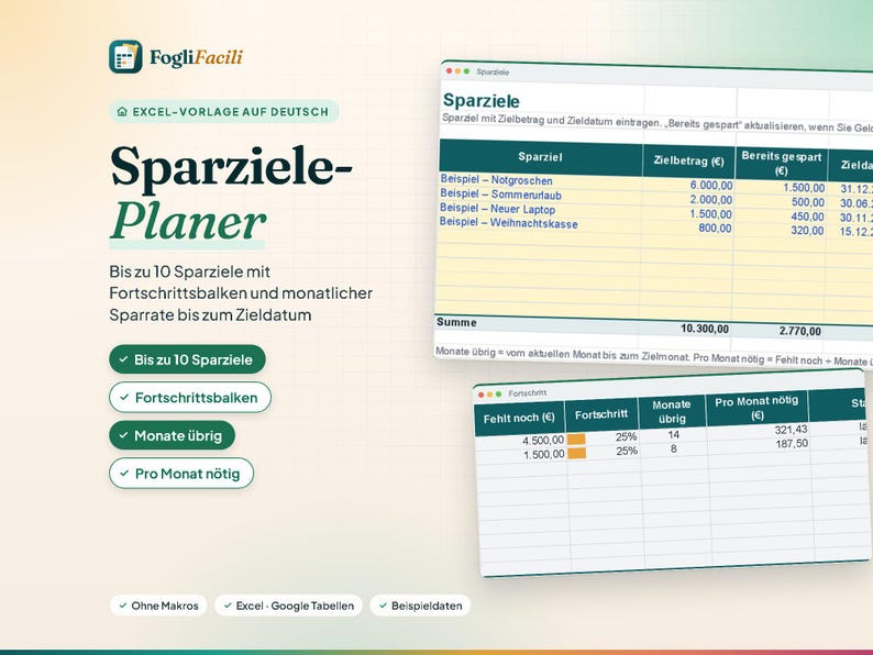 Savings Goals Tracker Excel in German (Sparziele): Progress Bars and Monthly Savings Plan, Up to 10 Goals, German Spreadsheet image 1