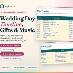 Trouwprogramma in Excel: uurlijkse planning, lijst met cadeaus en bedankjes, muziekplaylist afbeelding 1