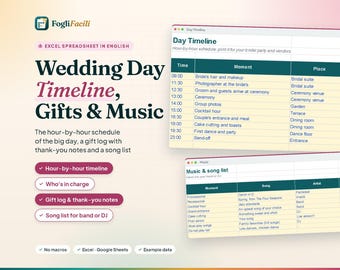 Wedding Day Timeline Spreadsheet Excel & Google Sheets with Wedding Playlist, Song List, Gift Log and Thank You Tracker, Day of Schedule