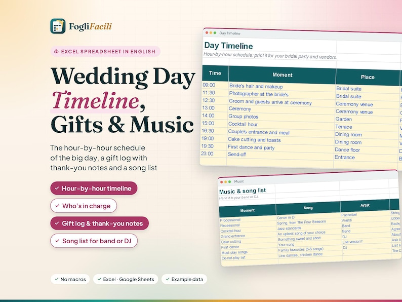 Trouwprogramma in Excel: uurlijkse planning, lijst met cadeaus en bedankjes, muziekplaylist afbeelding 1