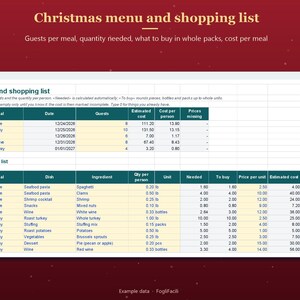 Christmas Menu Planner Spreadsheet Excel & Google Sheets, Holiday Dinner Planner with Shopping List Calculated by Guest Count image 2