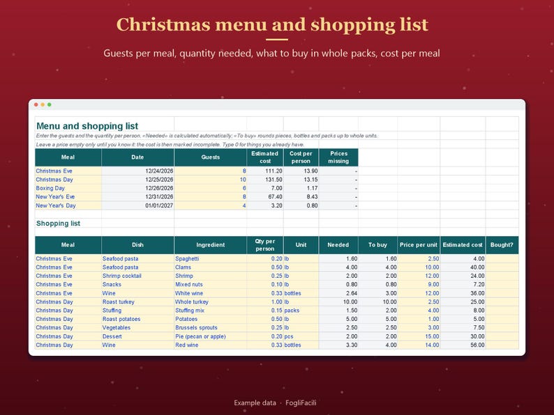 Christmas Menu Planner Spreadsheet Excel & Google Sheets, Holiday Dinner Planner with Shopping List Calculated by Guest Count image 2