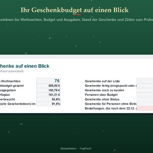 Excel-julklappslista på tyska: budget per person, presentstatus och varningar om försenad leverans bild 2