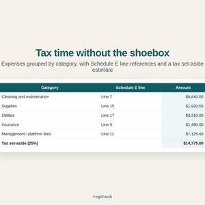 May include: A digital table titled Tax time without the shoebox, displaying expenses by category, Schedule E line references, and amounts. Categories include Cleaning and maintenance, Supplies, Utilities, Insurance, and Management fees.