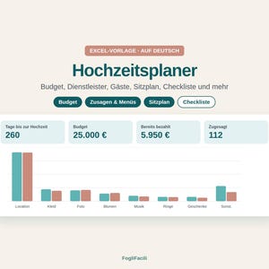 May include: A digital wedding planner Excel template in German featuring a dashboard with a bar chart. The interface displays metrics including 260 days until the wedding, a 25.000 &euro; budget, 5.950 &euro; paid, and 112 guests confirmed. Text includes Hochzeitsplaner.