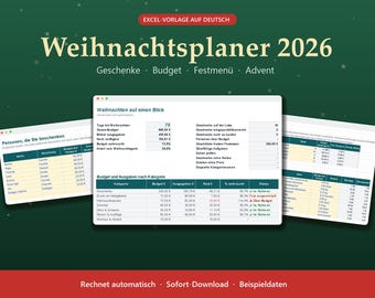 Christmas Planner Spreadsheet 2026 in German, Excel Weihnachtsplaner with Gift List, Budget and Menu