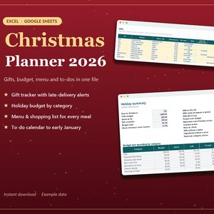 Christmas Planner Spreadsheet 2026 Excel with Gift Tracker, Holiday Budget, Menu and Shopping List image 1