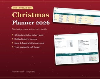 Christmas Planner Spreadsheet 2026 Excel with Gift Tracker, Holiday Budget, Menu and Shopping List