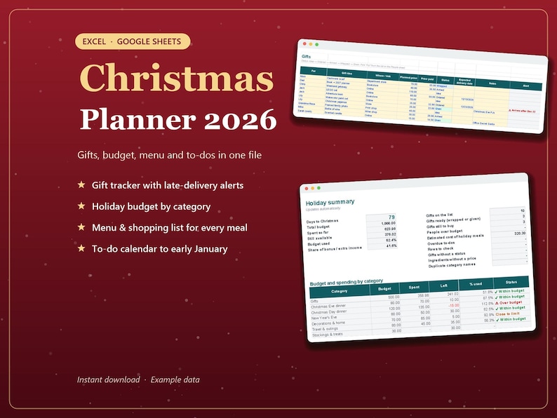 Christmas Planner Spreadsheet 2026 Excel with Gift Tracker, Holiday Budget, Menu and Shopping List image 1