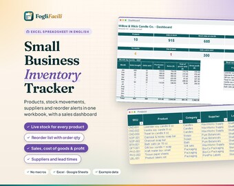 Small Business Inventory Tracker Excel & Google Sheets: Stock Movements, Reorder List, Suppliers, Sales and Profit Dashboard