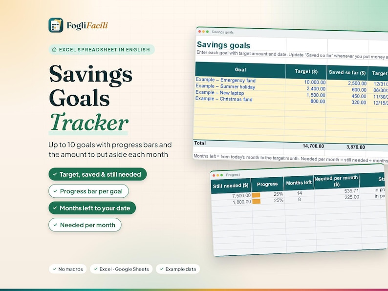 Sinking Funds Tracker Spreadsheet Excel & Google Sheets, Savings Goal Tracker with Progress Bars and Monthly Savings Plan, Up to 10 Goals image 1