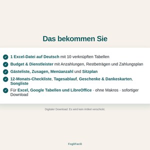 May include: A digital product information card titled Das bekommen Sie, featuring a list of features in German including an Excel file with 10 linked tables, budget and vendor tracking, guest lists, checklists, and compatibility with Excel, Google Sheets, and LibreOffice.