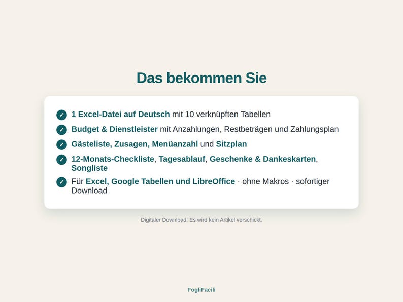 May include: A digital product information card titled Das bekommen Sie, featuring a list of features in German including an Excel file with 10 linked tables, budget and vendor tracking, guest lists, checklists, and compatibility with Excel, Google Sheets, and LibreOffice.