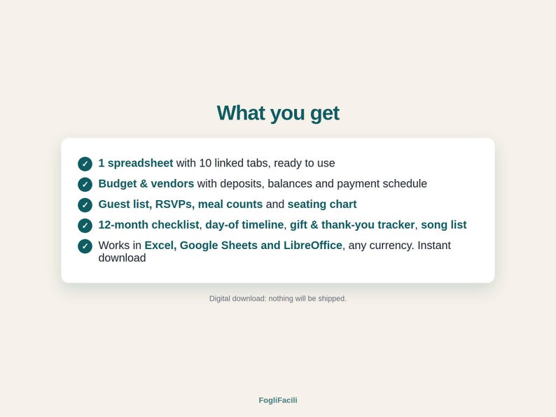 K&ouml;nnte beinhalten: Eine digitale Tabellenkalkulations-Produktinformationskarte mit dem Titel What you get. Sie listet Funktionen auf, darunter 10 verkn&uuml;pfte Registerkarten, Budget- und Lieferantenverfolgung, G&auml;steliste, RSVPs, Essensz&auml;hlungen und Sitzplan.
