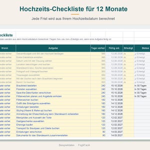 12-miesięczna lista kontrolna ślubu w programie Excel (niemiecki): 40 list zadań do wykonania z datami obliczonymi na podstawie daty ślubu zdjęcie 2