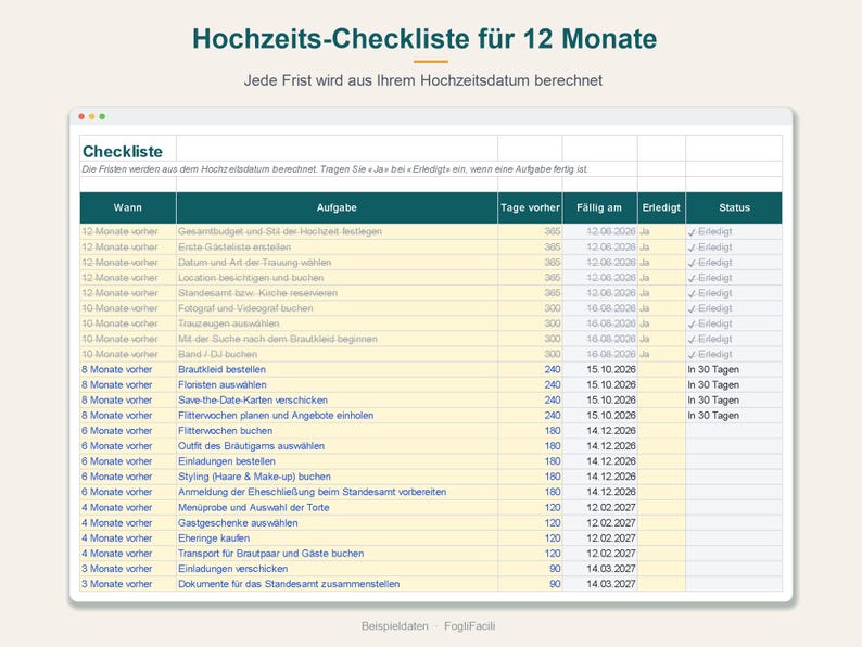 12-miesięczna lista kontrolna ślubu w programie Excel (niemiecki): 40 list zadań do wykonania z datami obliczonymi na podstawie daty ślubu zdjęcie 2
