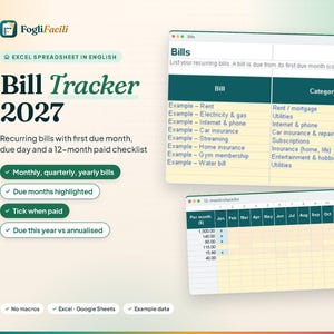 Rastreador de facturas para Excel: fechas de vencimiento, frecuencia mensual o anual y lista de verificación de 12 meses. imagen 1