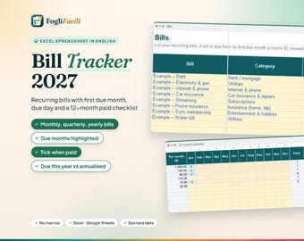 May include: A digital Bill Tracker 2027 Excel spreadsheet template in English. The interface features a list of recurring bills with categories and a 12-month paid checklist. Text includes FogliFacili, Bill Tracker 2027, and feature highlights.