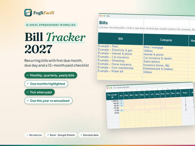 Rastreador de facturas para Excel: fechas de vencimiento, frecuencia mensual o anual y lista de verificación de 12 meses. imagen 1