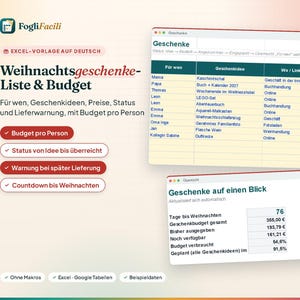 Excel-julklappslista på tyska: budget per person, presentstatus och varningar om försenad leverans bild 1