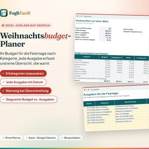 Christmas Budget Excel in German (Weihnachtsbudget): Holiday Spending by Category with Spent, Remaining and Over Budget Alert image 1