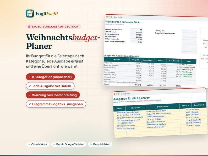 Christmas Budget Excel in German (Weihnachtsbudget): Holiday Spending by Category with Spent, Remaining and Over Budget Alert image 1